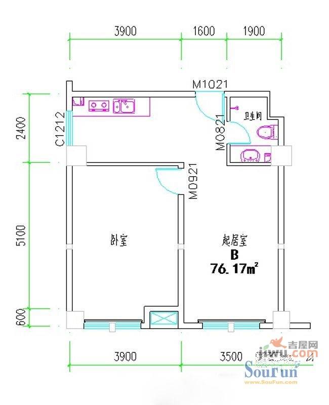 紫荆花园四期1室1厅1卫76.2㎡户型图