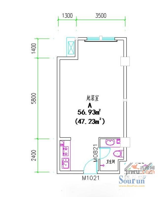 紫荆花园四期1室1厅1卫56.9㎡户型图