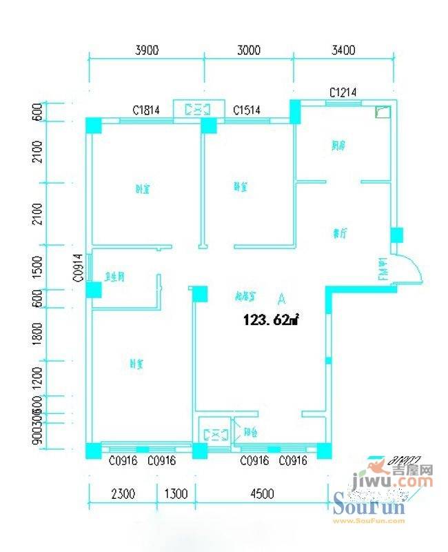 紫荆花园四期3室2厅2卫123.6㎡户型图