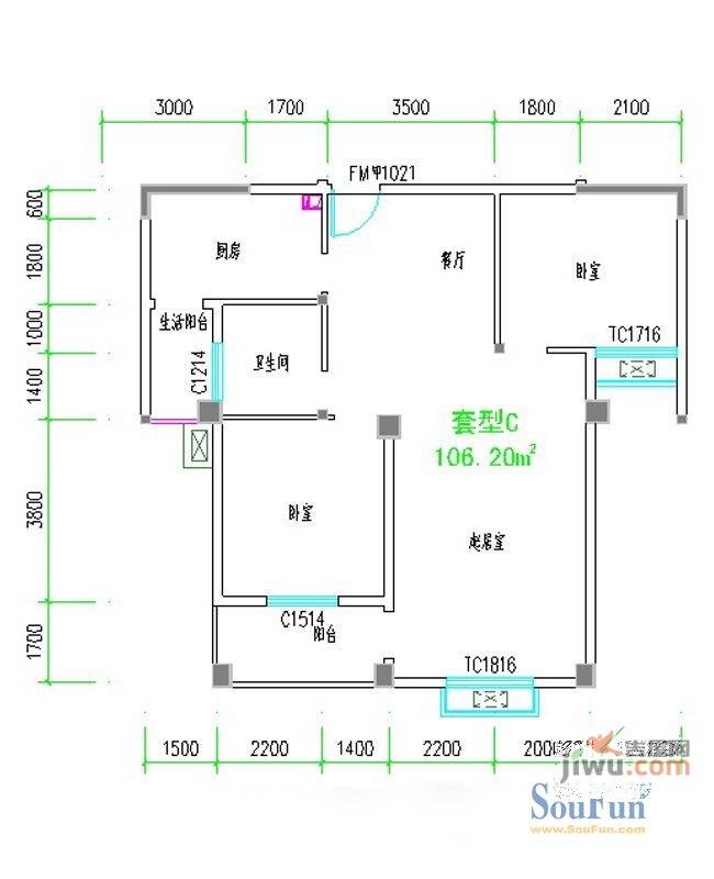 紫荆花园四期2室2厅1卫106.2㎡户型图