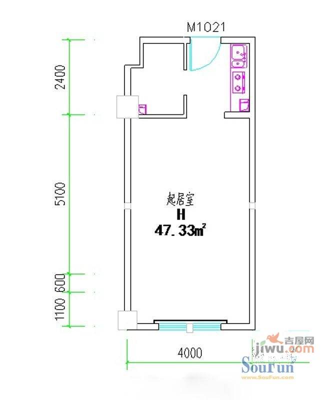 紫荆花园四期1室1厅1卫47.3㎡户型图