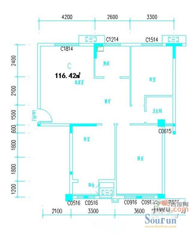 紫荆花园四期3室2厅2卫116.4㎡户型图