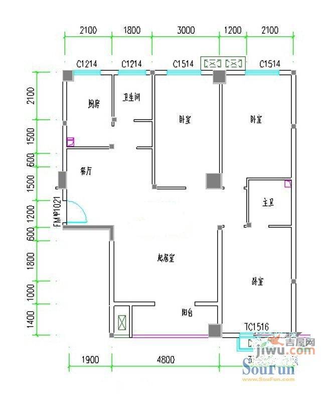 紫荆花园四期3室2厅2卫131㎡户型图