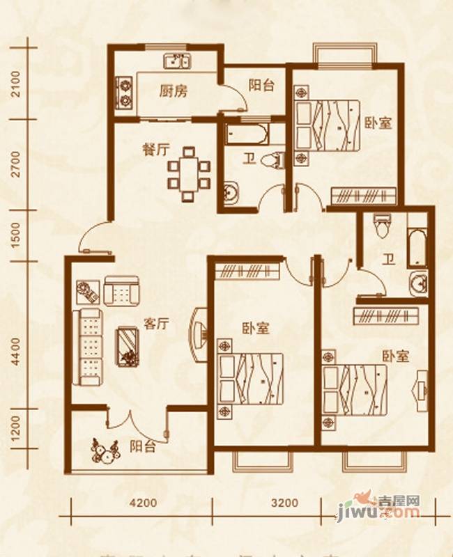 汇隆嘉源3室2厅2卫123.9㎡户型图