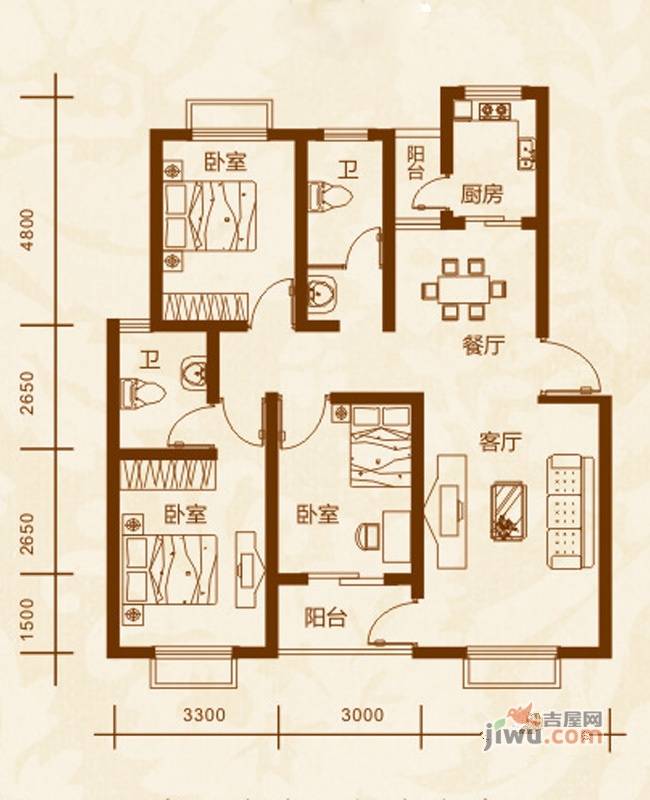 汇隆嘉源3室2厅2卫108.3㎡户型图