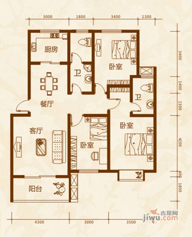 汇隆嘉源3室2厅2卫117.1㎡户型图