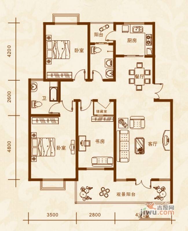 汇隆嘉源3室2厅2卫124.1㎡户型图