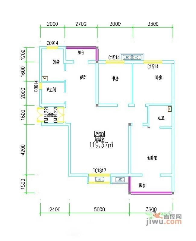 紫荆花园四期3室2厅2卫119.4㎡户型图