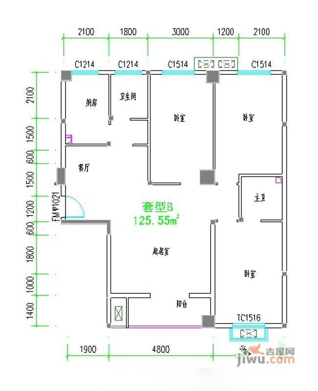 紫荆花园四期3室2厅2卫125.5㎡户型图