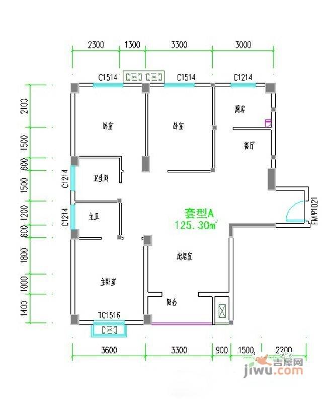 紫荆花园四期3室2厅2卫125.3㎡户型图