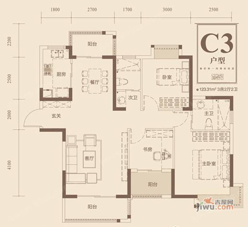 绿地铂派公寓3室2厅2卫123.3㎡户型图