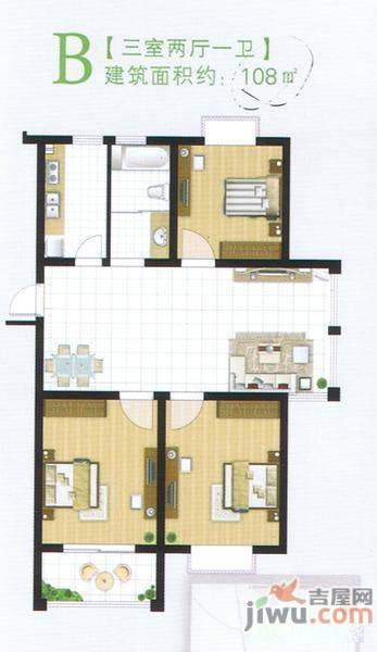 海基·悠然居3室2厅1卫108㎡户型图