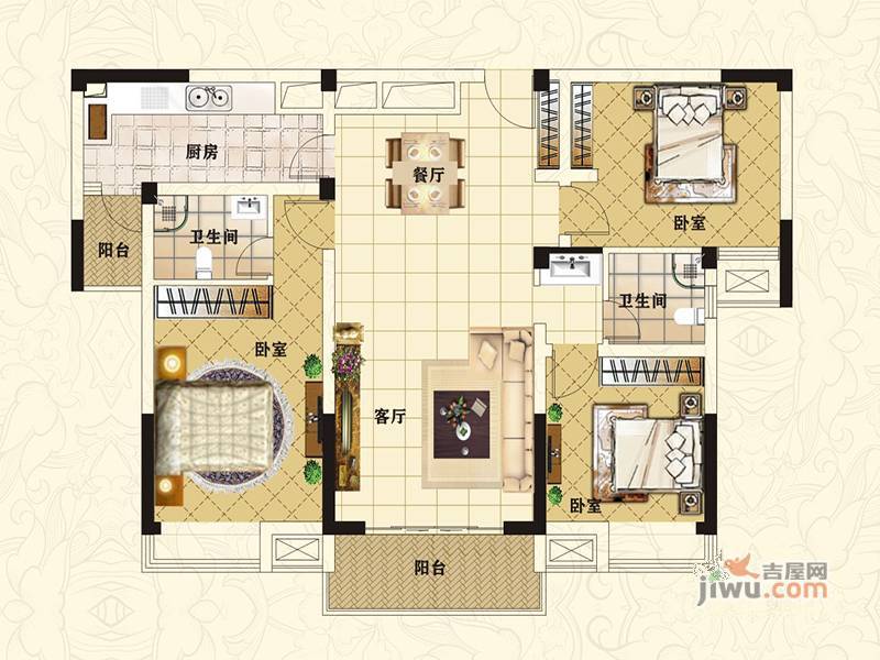 夫夷新城3室2厅2卫129.4㎡户型图