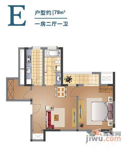 中威国际公寓1室2厅1卫79㎡户型图