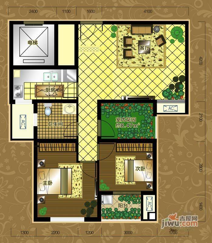 万丽铂金瀚宫2室2厅1卫132.4㎡户型图