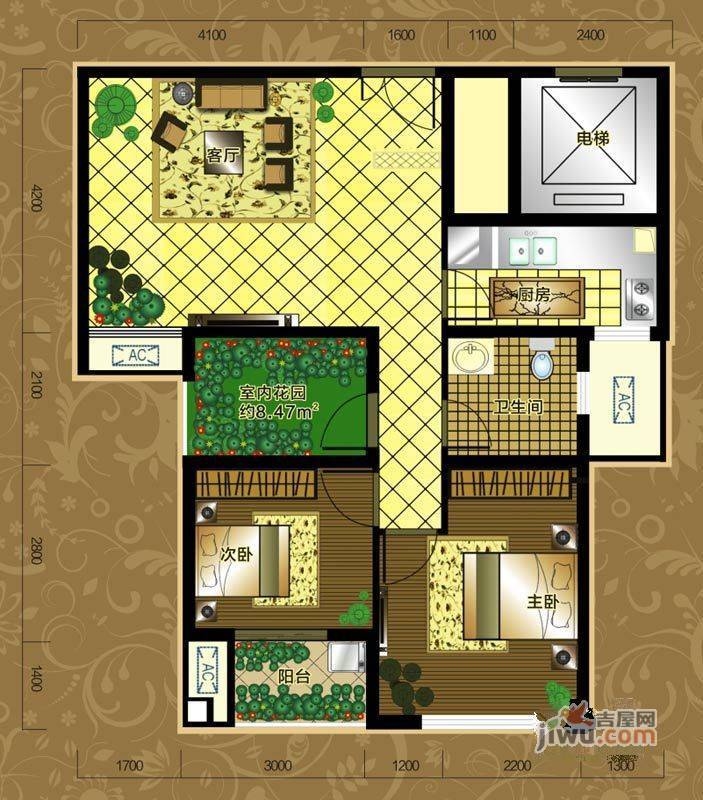 万丽铂金瀚宫2室2厅1卫132.4㎡户型图