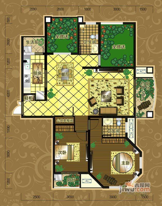 万丽铂金瀚宫2室2厅1卫132.4㎡户型图