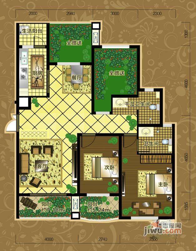 万丽铂金瀚宫2室2厅1卫132.4㎡户型图