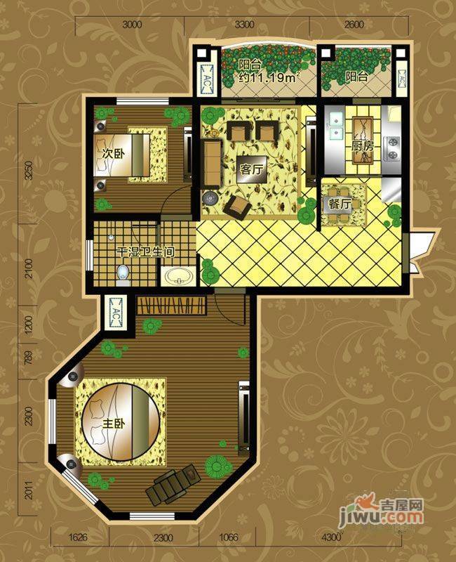 万丽铂金瀚宫2室2厅1卫132.4㎡户型图