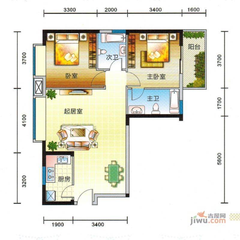 湖畔新城2室2厅2卫94㎡户型图