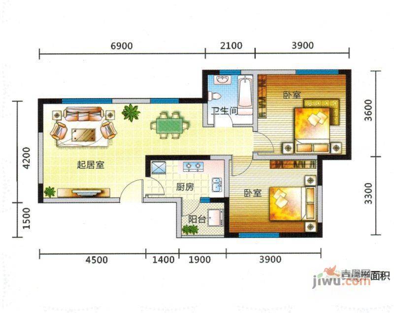 湖畔新城2室2厅1卫80㎡户型图