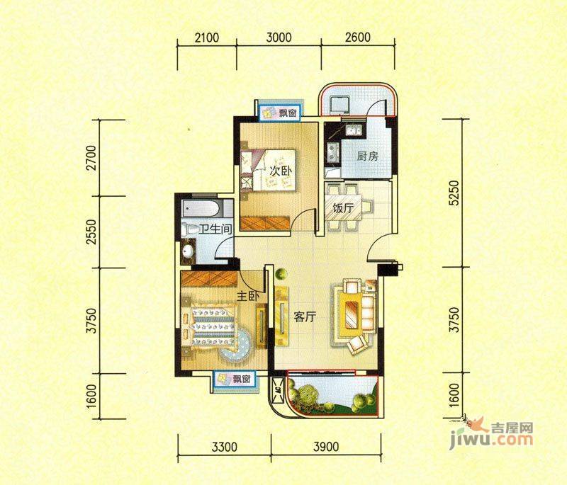 明康华庭阳光2室2厅1卫89.2㎡户型图