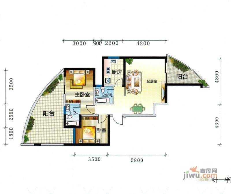 湖畔新城2室2厅2卫98㎡户型图