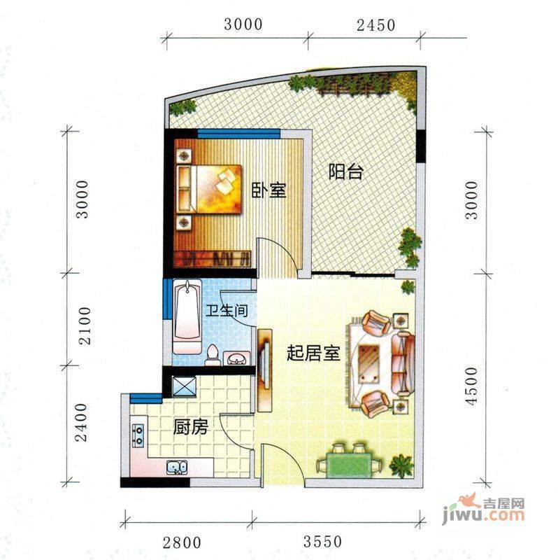 湖畔新城1室2厅1卫50㎡户型图