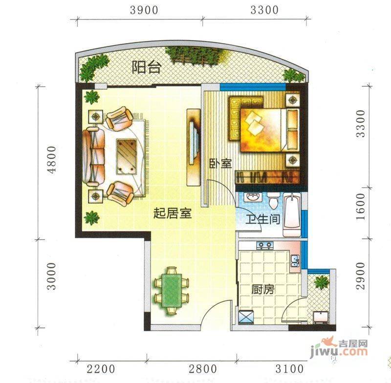 湖畔新城1室2厅1卫64㎡户型图