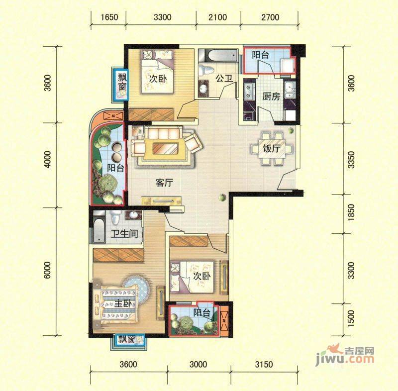 明康华庭阳光3室2厅2卫124㎡户型图