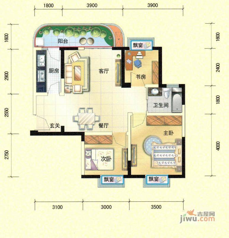 明康华庭阳光2室2厅1卫89.9㎡户型图