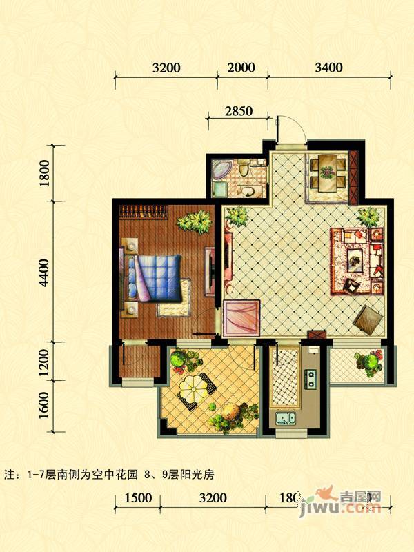 丰远泗水玫瑰城1室2厅1卫69.8㎡户型图