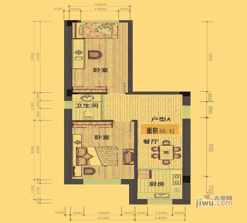 千金嘉园三期尚城2室2厅1卫66.4㎡户型图