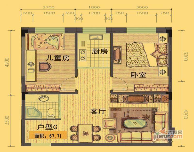 千金嘉园三期尚城2室2厅1卫66.4㎡户型图