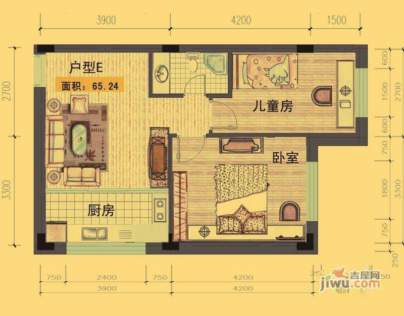 千金嘉园三期尚城2室2厅1卫66.4㎡户型图