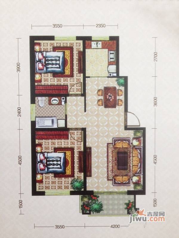 绿地剑桥2室2厅1卫89㎡户型图