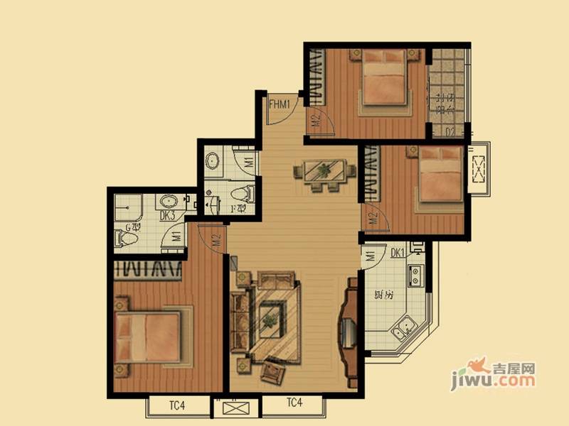 君利依山美居3室2厅2卫118.5㎡户型图