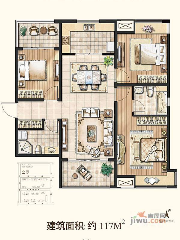 保利里院里3室2厅2卫117㎡户型图