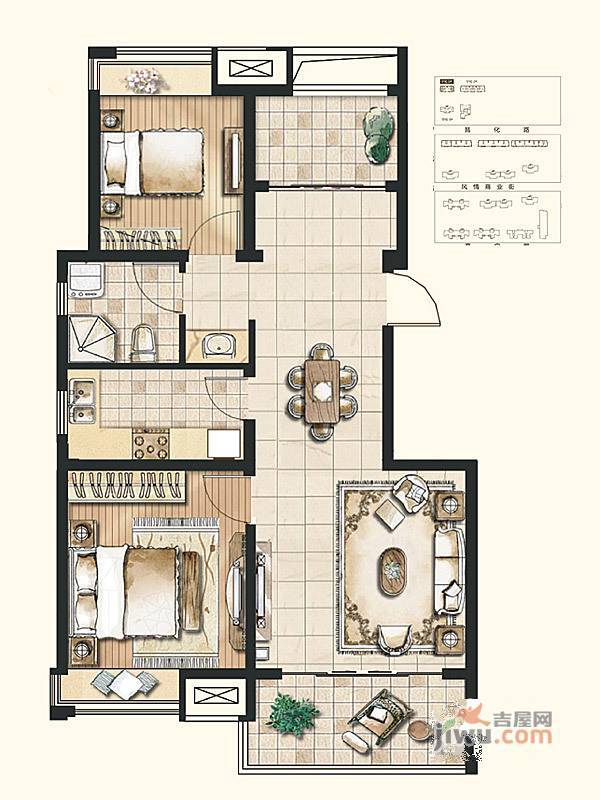 保利里院里2室2厅1卫90㎡户型图