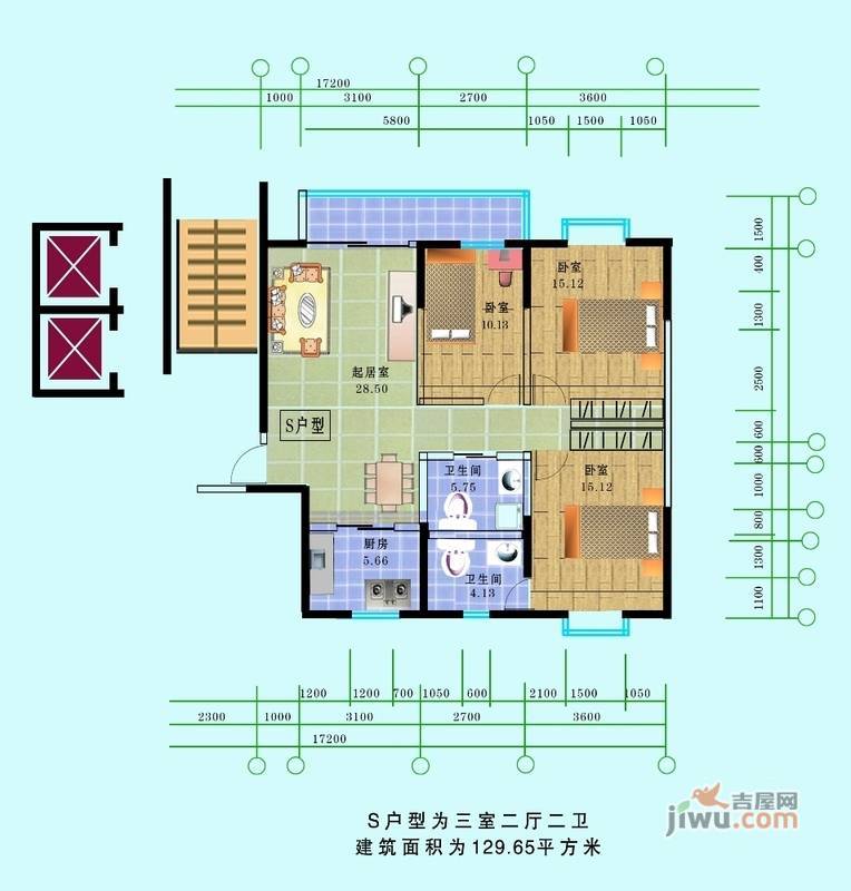 家园小区二期3室2厅1卫129.7㎡户型图