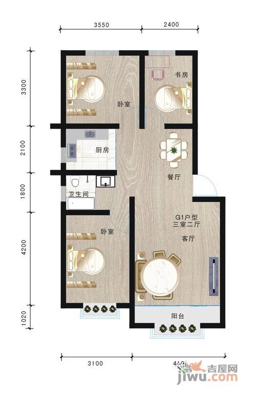 裕邦城北名都3室2厅1卫户型图