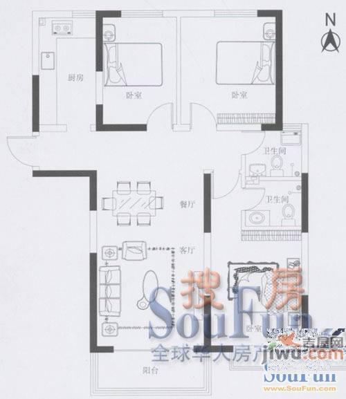 福海阳光花园3室2厅2卫130.8㎡户型图