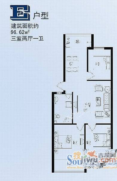 青年家园3室2厅1卫96.6㎡户型图