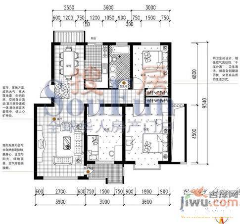 丽湖国际城3室2厅1卫100.5㎡户型图