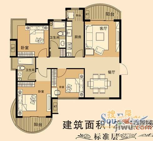 天马相城三期3室2厅2卫125.5㎡户型图