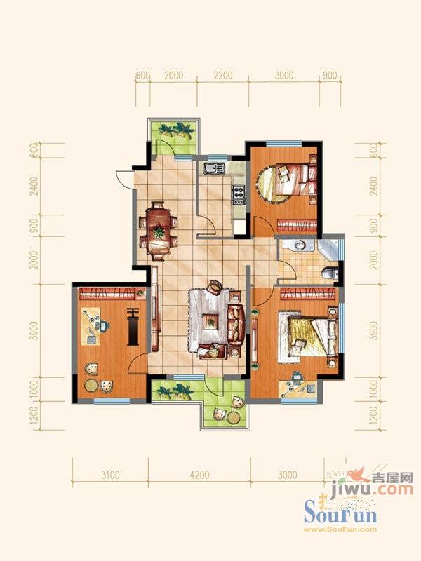 御景华城3室2厅1卫108.8㎡户型图