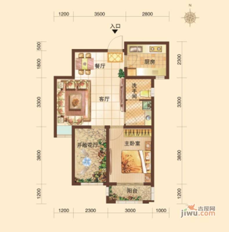 福润华府1室2厅1卫66.9㎡户型图