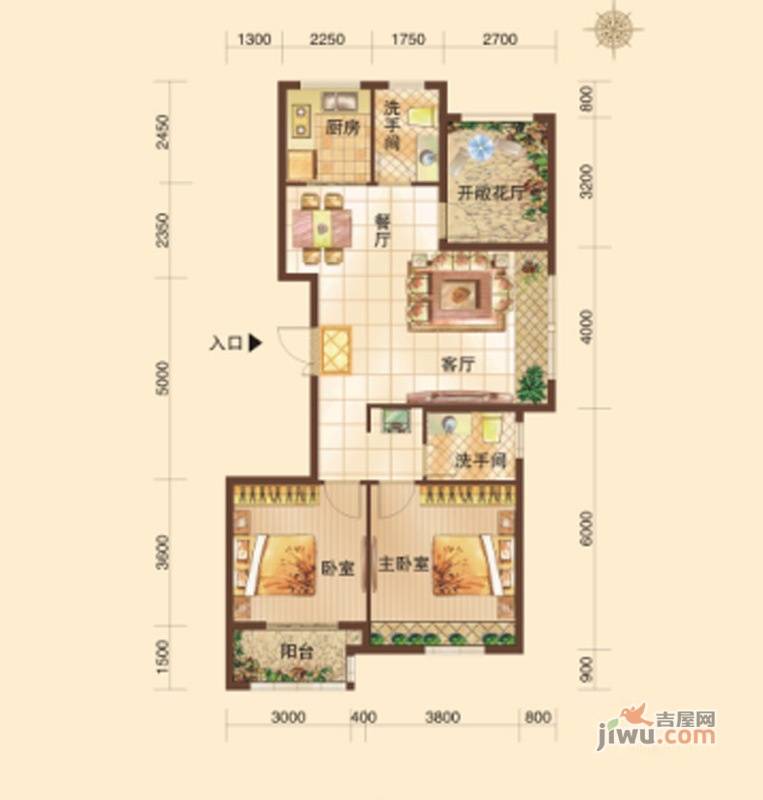 福润华府2室2厅2卫101.6㎡户型图