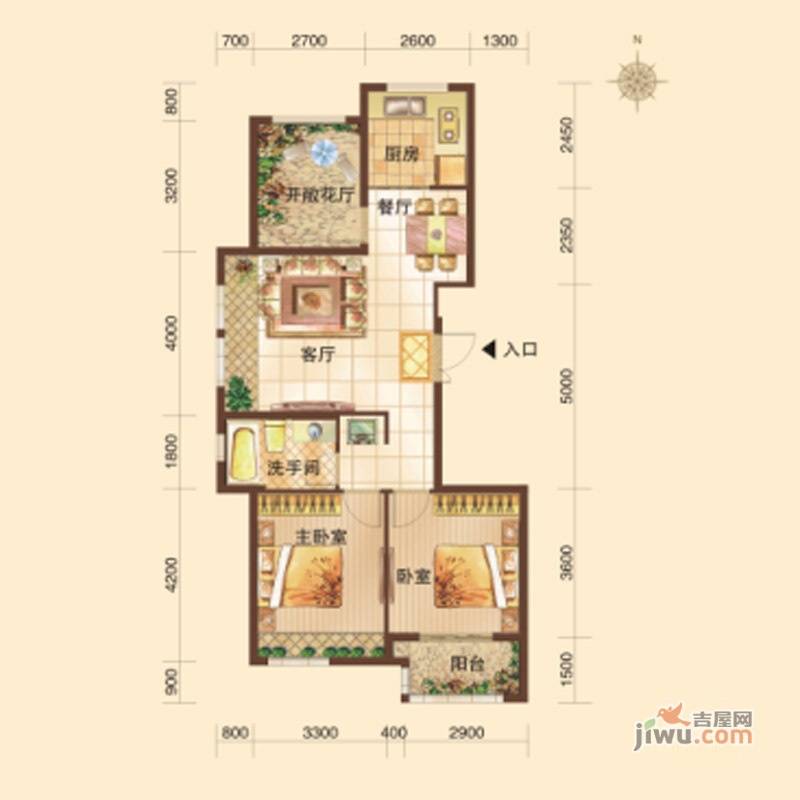 福润华府2室2厅1卫88㎡户型图