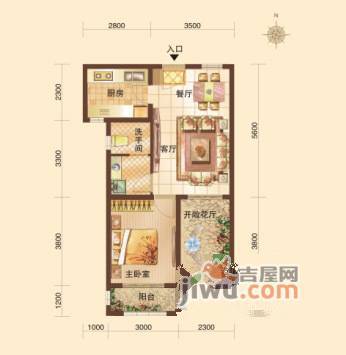 福润华府1室2厅1卫63.6㎡户型图